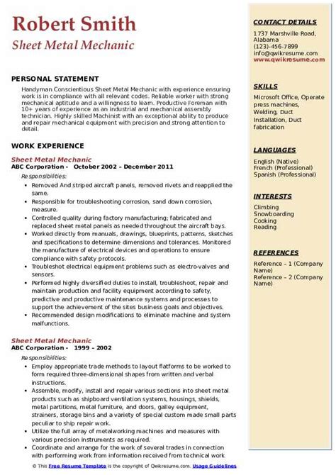 sheet metal mechanic resume sample|Sheet Metal Mechanic Resume Example for 2024: .